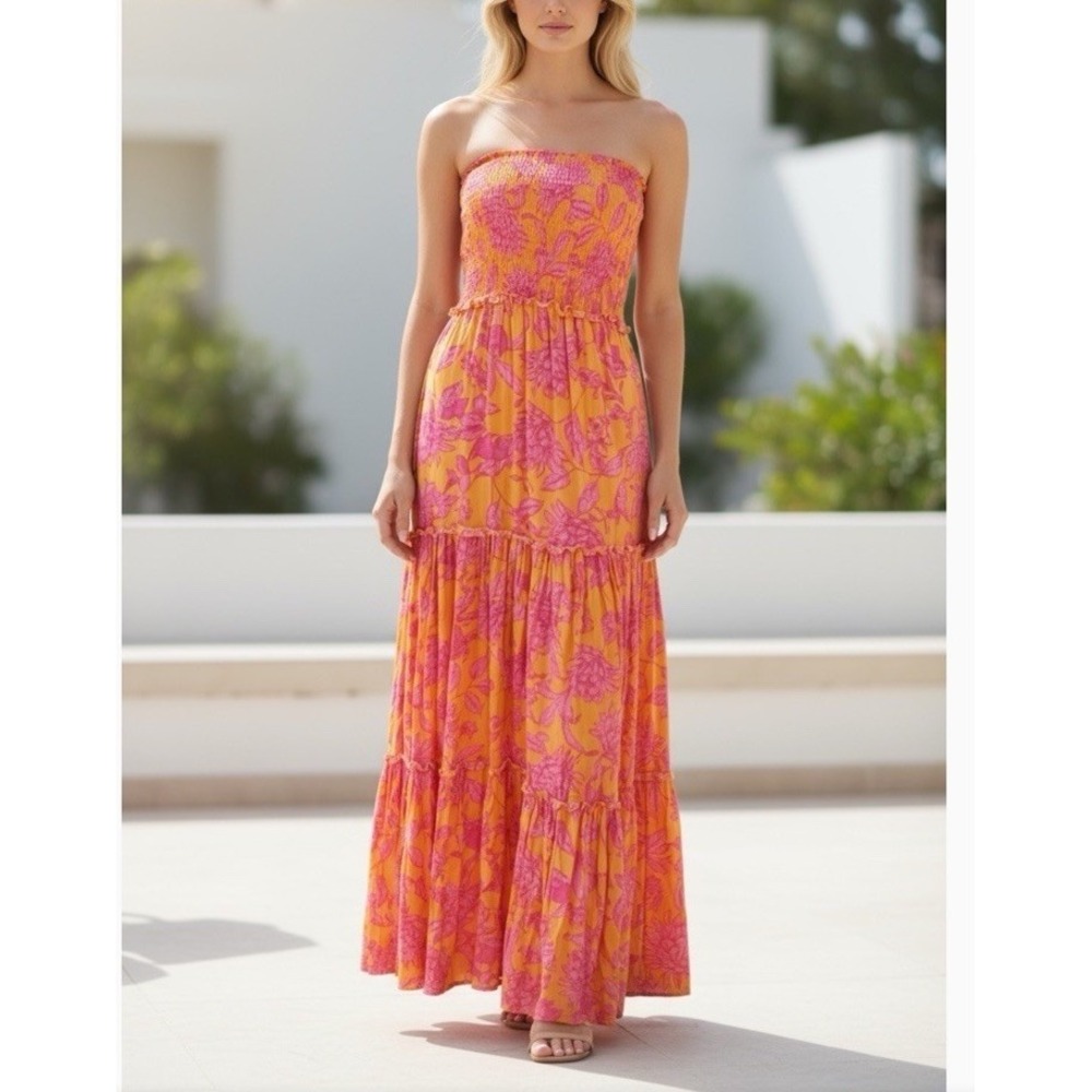 Abel The Label ATL Strapless Tiered Maxi Dress Smocked Bodice Floral Hippie